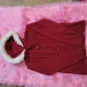 Gymboree sweater size 7/8 Girls medium, fur trimmed hood, Burgundy